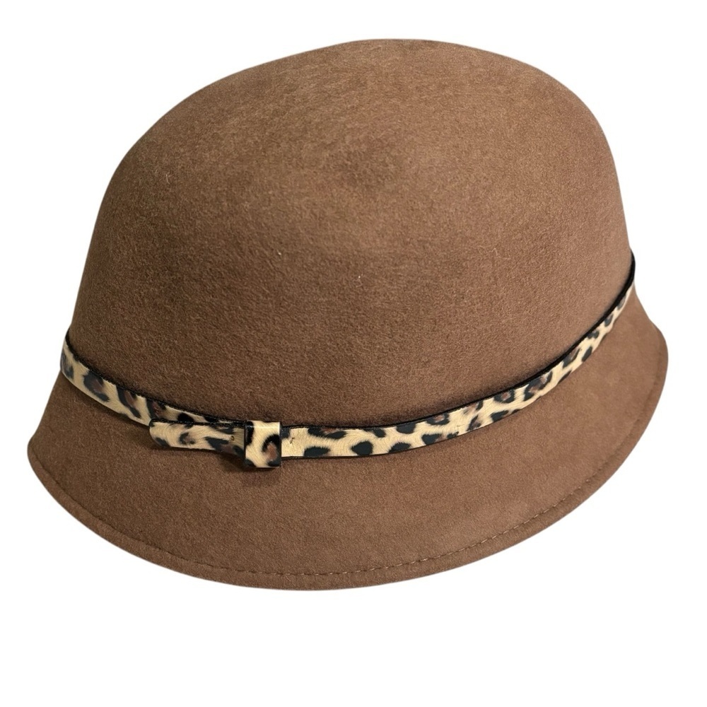 100% Wool Bucket Hat Faux Leather Animal Print Trim